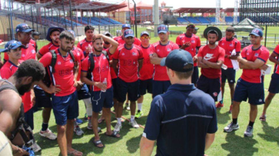 Tom Evans speaks to USA players shortly after squad to play CPL XI is announced