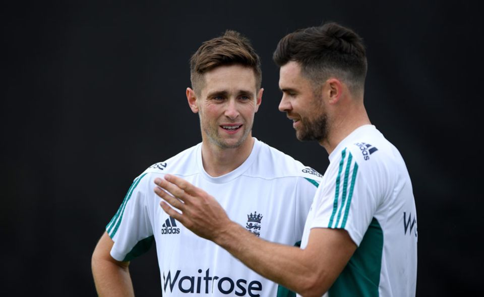 Chris Woakes gets some advice from James Anderson in the England nets