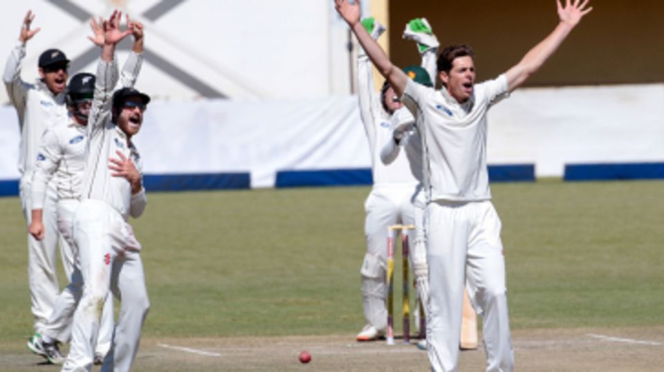 Mitchell Santner and New Zealand's close-in fielders appeal for a wicket