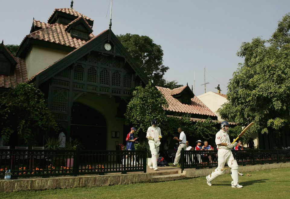 Gymkhana jaunts: Marcus Trescothick and Andrew Strauss walk out to bat at the Bagh-e-Jinnah, 2005