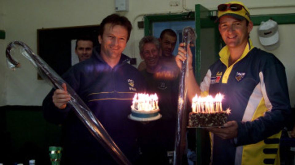 Steve Waugh and Mark Waugh receive birthday cakes and walking sticks from the team on their 36th birthdays