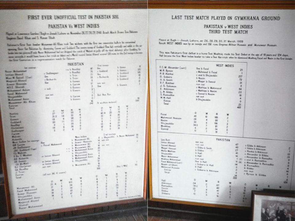 (Left) The scorecard for the first unofficial Test in Pakistan; (right) the last Test played at the Gymkhana ground