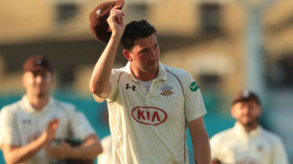 Mark Footitt takes the applause after bowling Surrey to the brink of victory