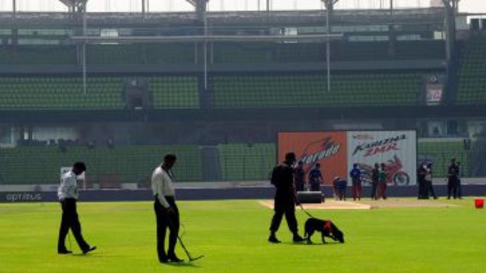 Security personnel scan the ground