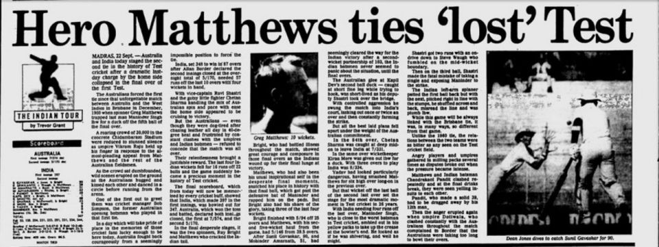 Greg Matthews makes headlines for taking the wicket that tied the Test