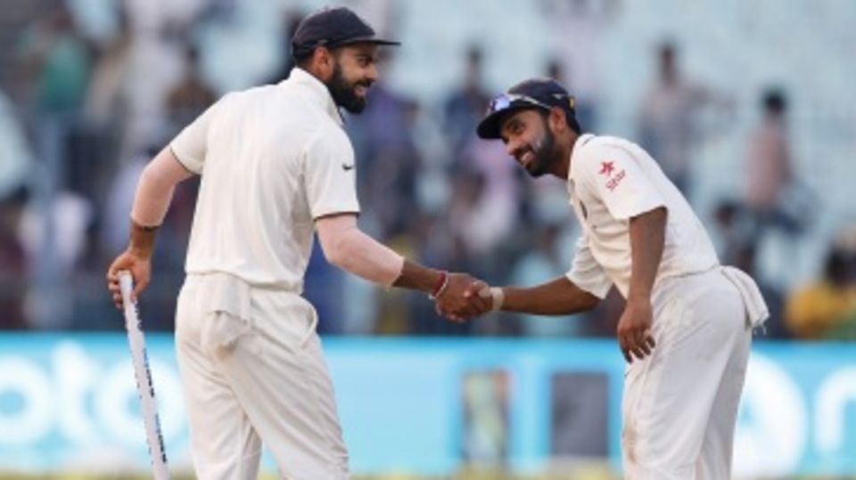 Virat Kohli and Ajinkya Rahane congratulate each other