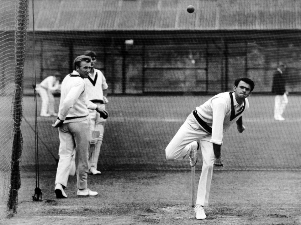 Gleeson bowls in the nets during the 1968 Ashes tour