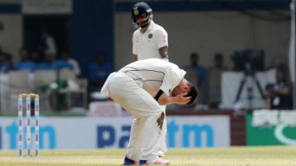 Matt Henry cuts a dejected figure after an unsuccessful appeal