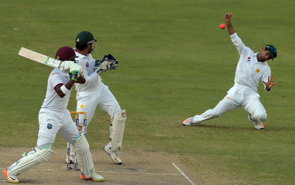 At the other end, Darren Bravo survived a close call: he was dropped by Asad Shafiq at first slip after misreading the length of a Yasir delivery