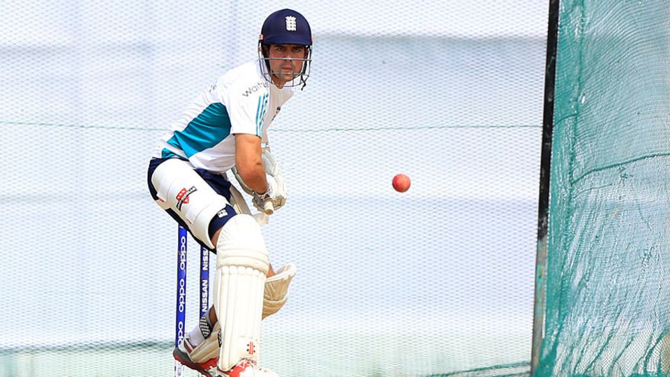 Alastair Cook gets to work in the nets after returning to Bangladesh