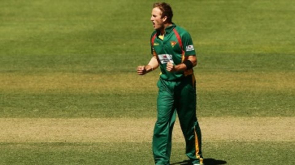 Cameron Stevenson celebrates one of his five wickets
