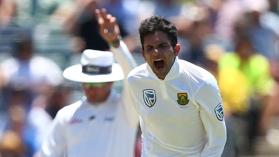 Keshav Maharaj celebrates his first Test wicket