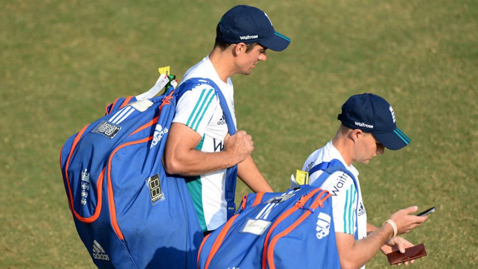 Alastair Cook and Joe Root head to the nets at the Brabourne Stadium