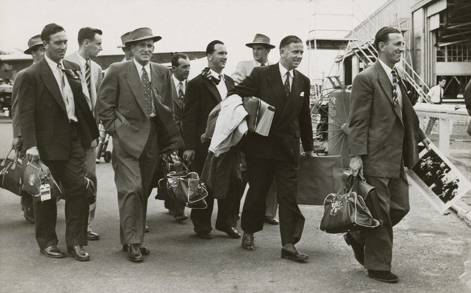 Simpler times: the England 1954-55 Ashes squad arrive in Melbourne
