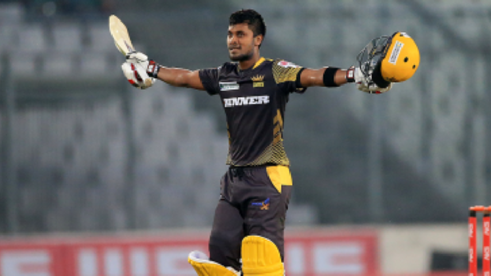 Sabbir Rahman reacts after reaching his century