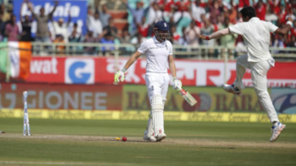 Umesh Yadav celebrates after knocking down Jonny Bairstow's stumps