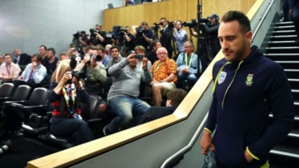 Faf du Plessis walks in for his pre-match press conference