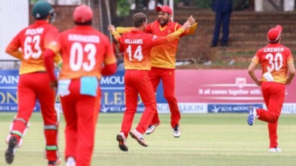 Zimbabwe's players celebrate after taking a wicket