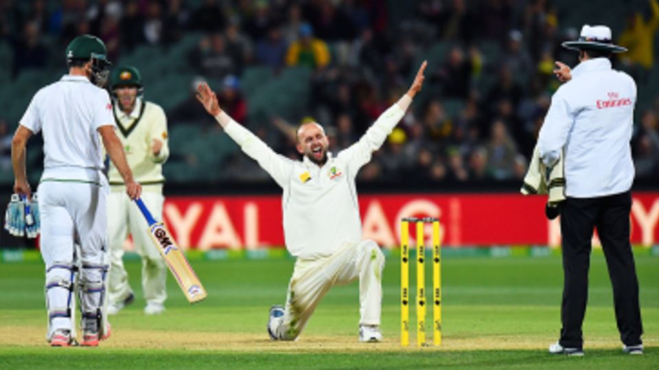 Nathan Lyon is thrilled after trapping Kyle Abbott leg before