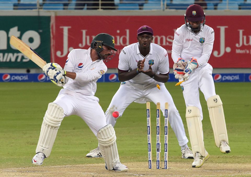 Mohammad Amir is bowled by a big Devendra Bishoo legbreak, Dubai