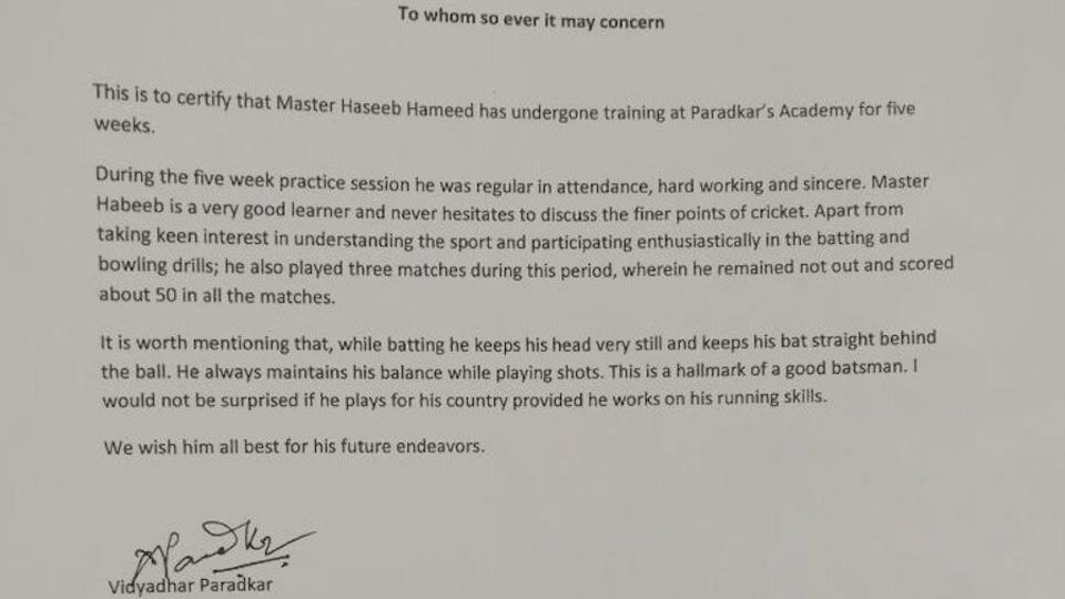 The certificate Haseeb Hameed received after his first spell with Vidyadhar Paradkar