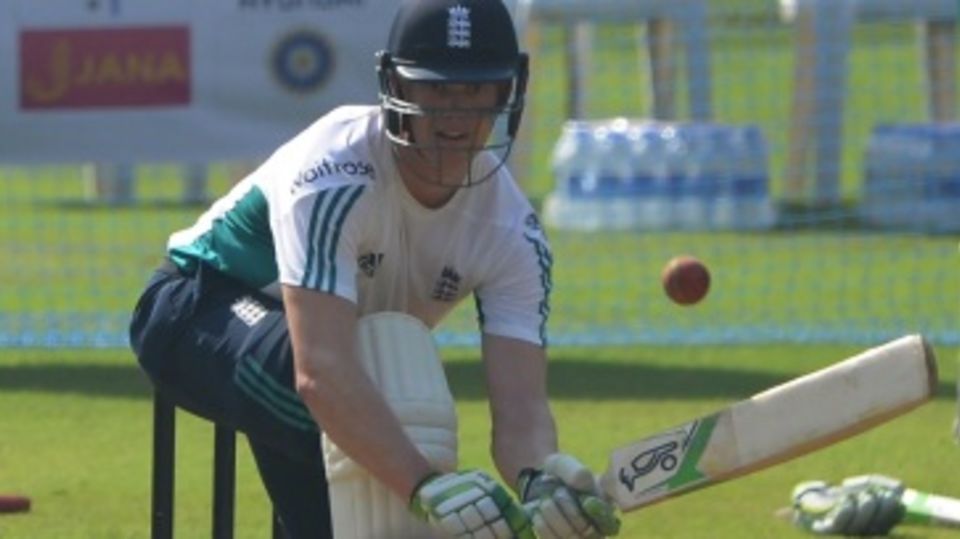 Keaton Jennings prepares to sweep during training