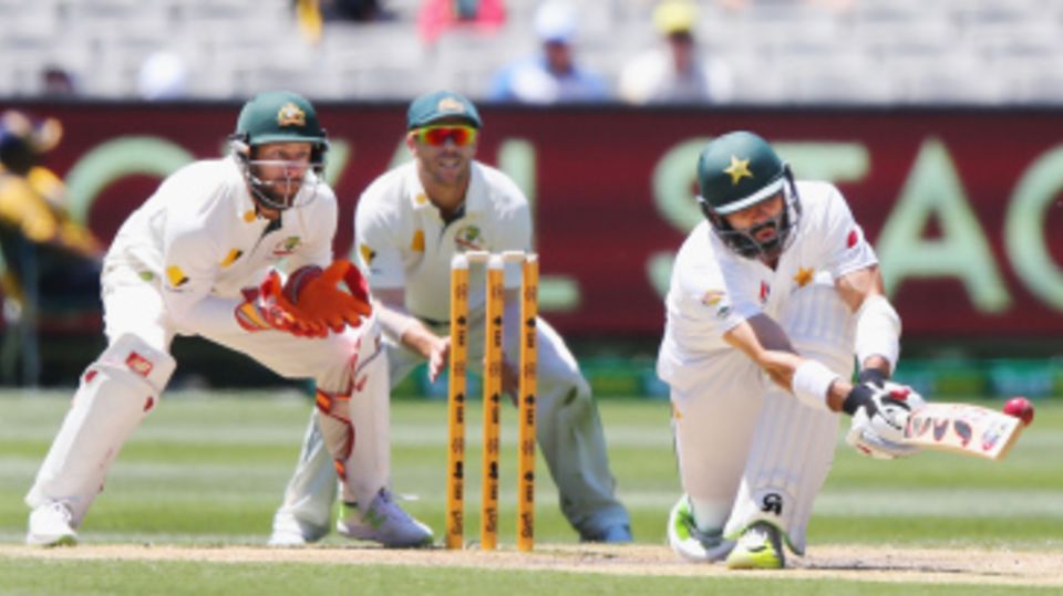 Misbah-ul-Haq miscues a sweep shot