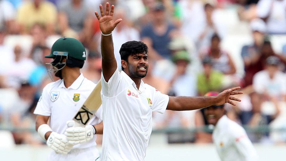Lahiru Kumara appeals for the wicket of JP Duminy