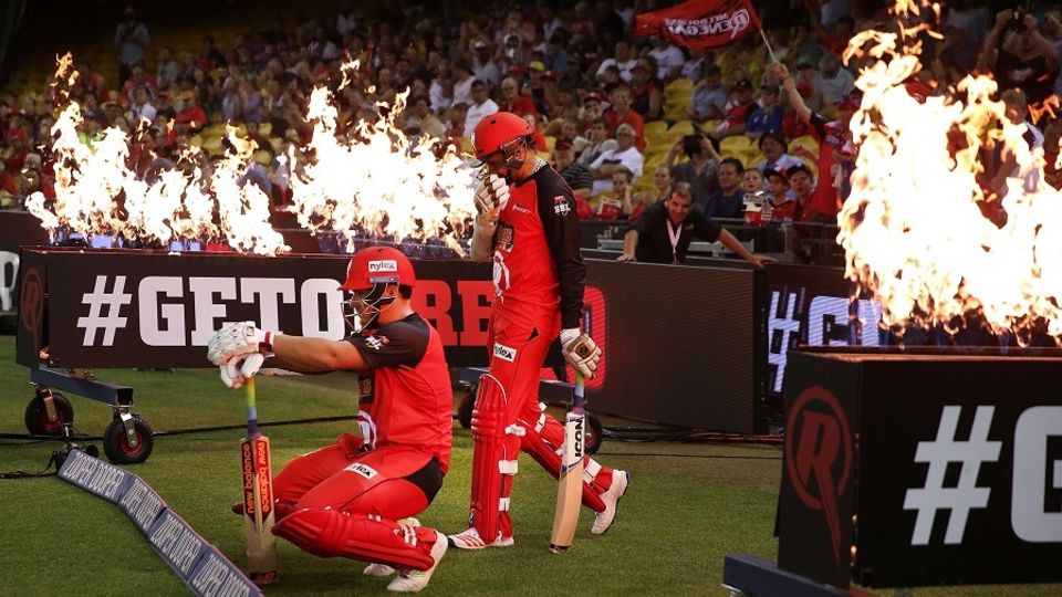 The start of something big: Narine (right) walks out to open with Aaron Finch for Melbourne Renegades in early 2017