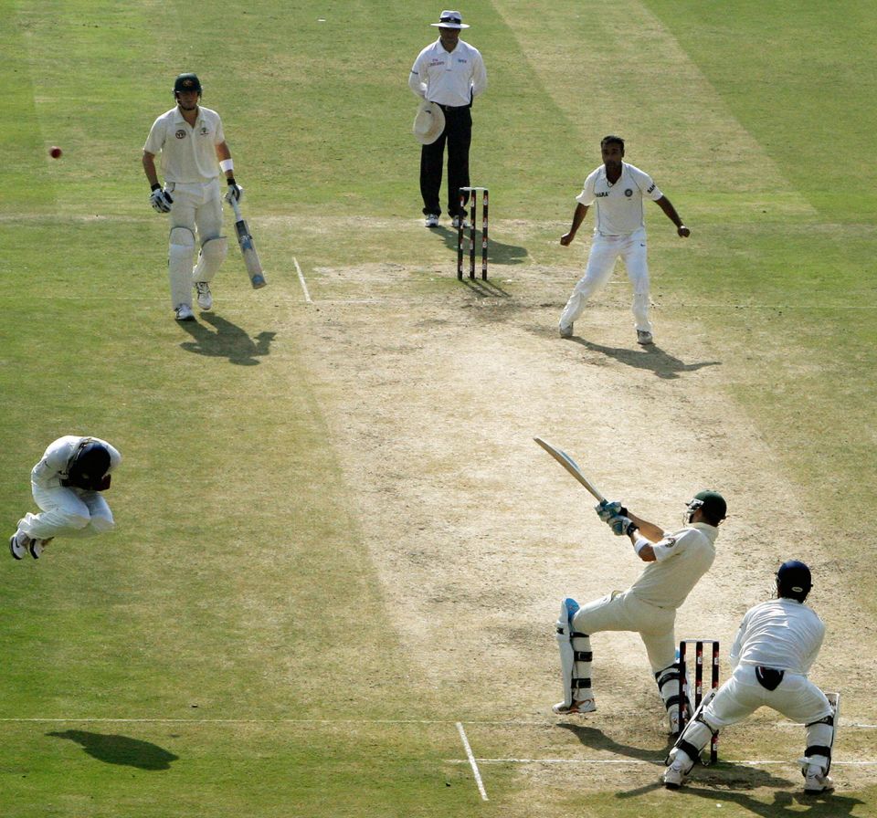 Gautam Gambhir leaps to avoid getting hit by a shot from Michael Clarke in Delhi, 2008