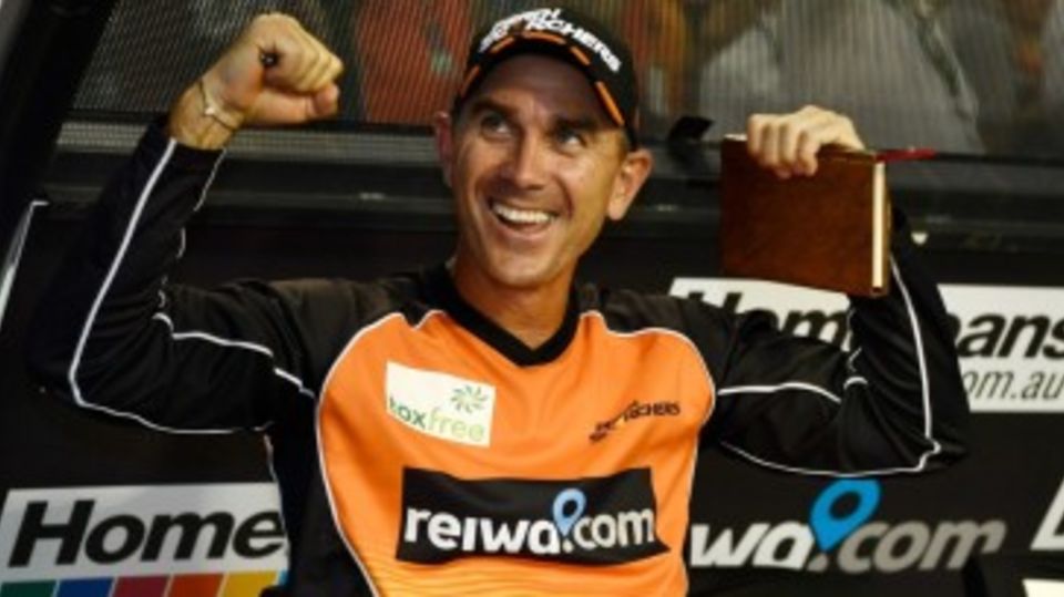 Perth Scorchers coach Justin Langer is all smiles after the franchise's third title