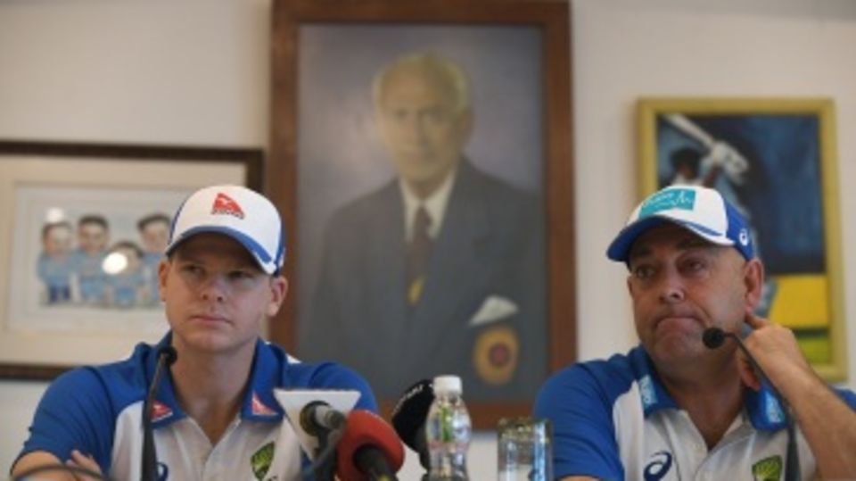 Steven Smith and Darren Lehmann address the media after arriving in India