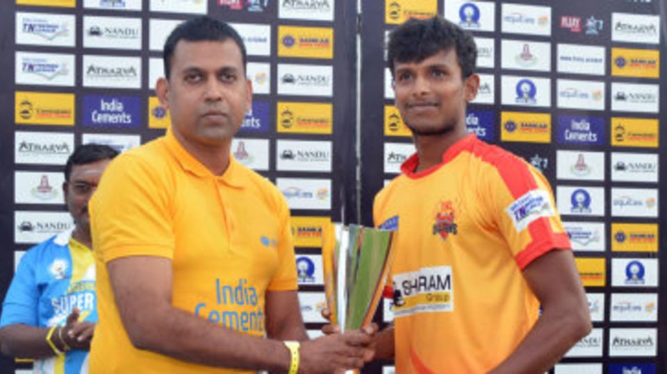 T Natarajan receiving the Player-of-the-Match award