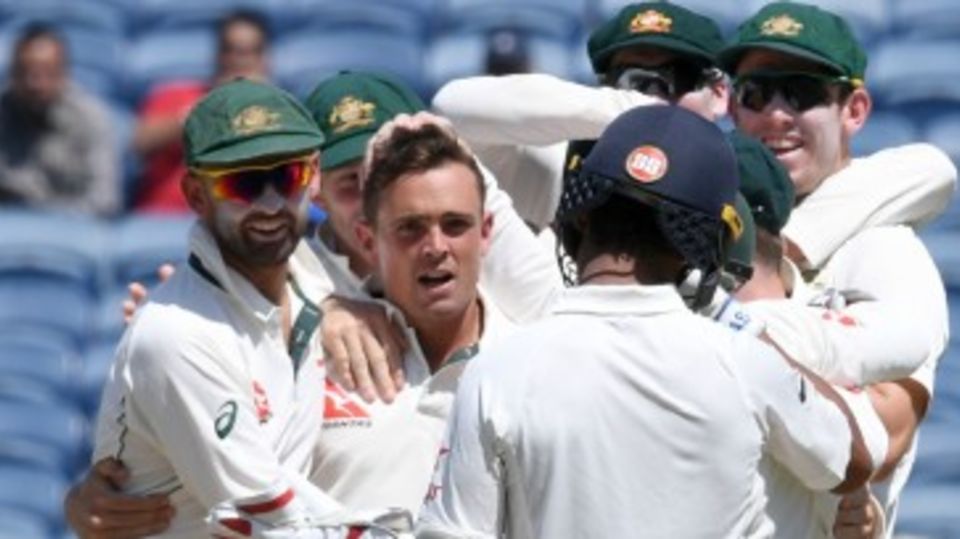 Steve O'Keefe is mobbed after having Ajinkya Rahane caught
