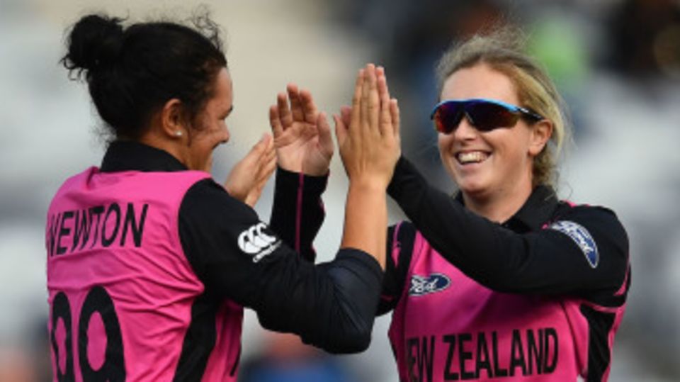 Anna Peterson is congratulated after one of her three wickets