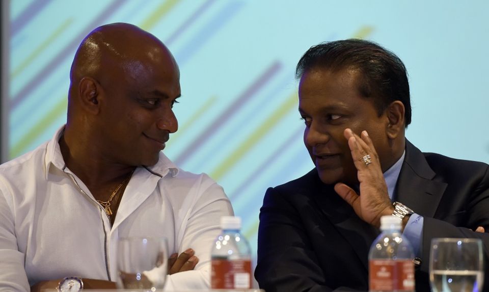 Sumathipala (right) chats with chief selector Sanath Jayasuriya. Some suspect that Sumathipala is using SLC as a tool to further his political goals