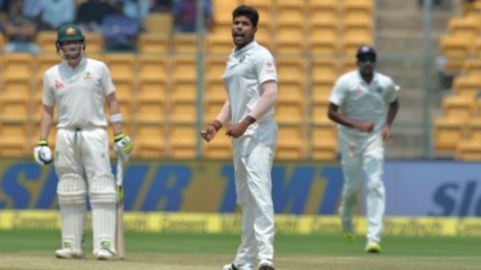 Umesh Yadav exults after sending back Shaun Marsh