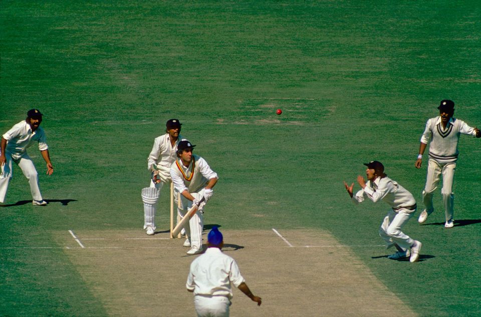 Eknath Solkar takes a yawn-inducingly easy one off Mike Brearley in the 1977 Calcutta Test