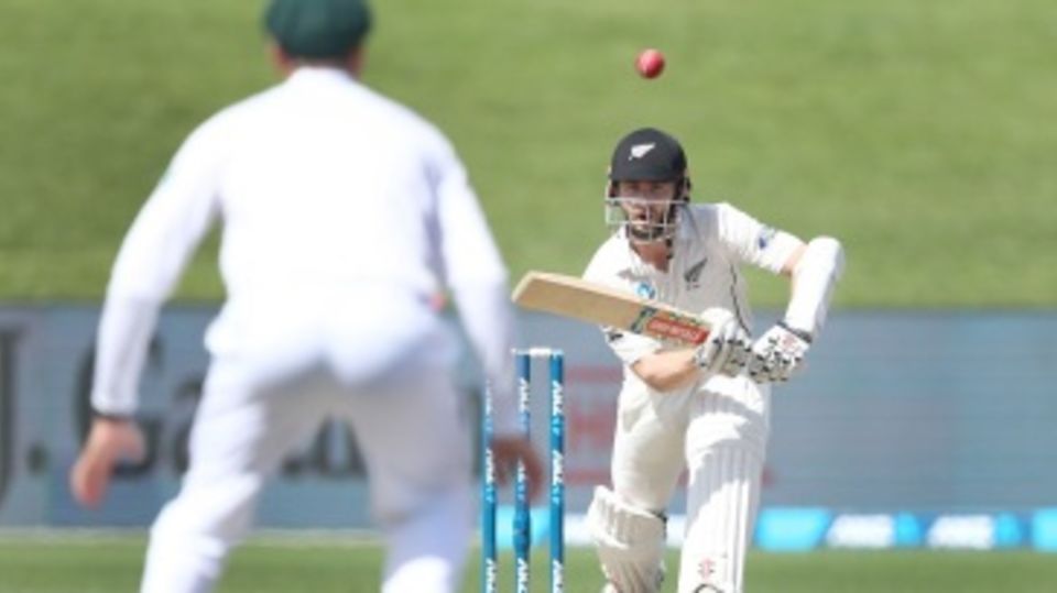Kane Williamson taps the ball to mid-off