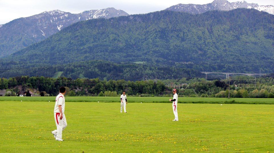 Anwar Halimi, Najeeb Naizay and Atef Sohil at the Velden Cricket Club's ground, about 65 miles south-west of Graz