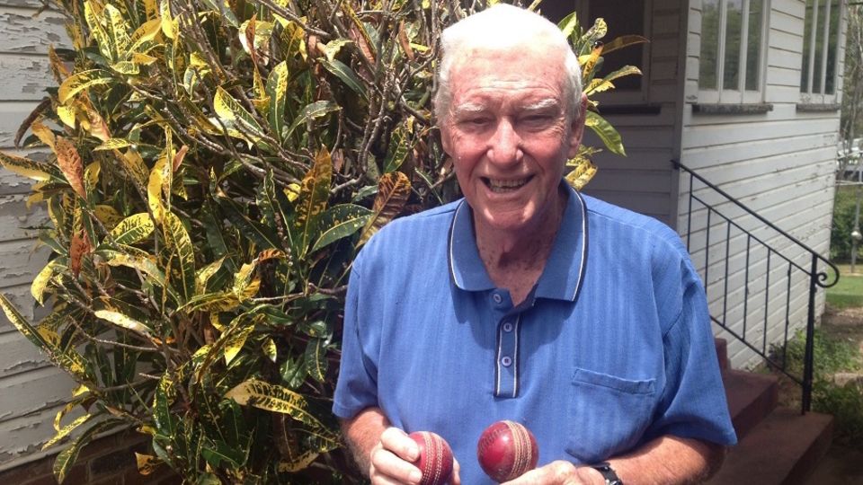 Peter Allan shows the balls with which he took his ten-wicket hauls