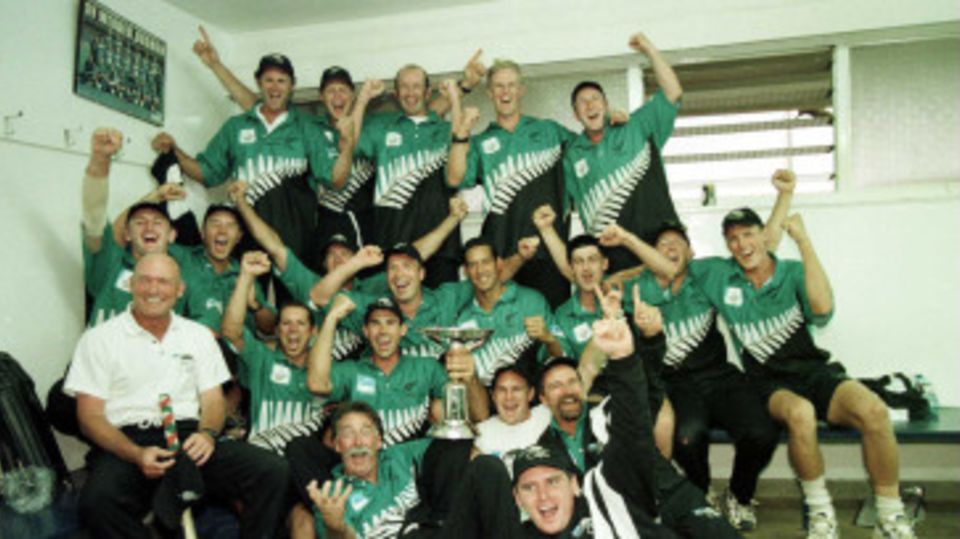 New Zealand pose with the ICC Knockout trophy