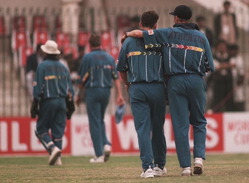 We'll figure this format out some day: Darren Gough and Mike Atherton walk back after a World Cup game in Peshawar, 1996
