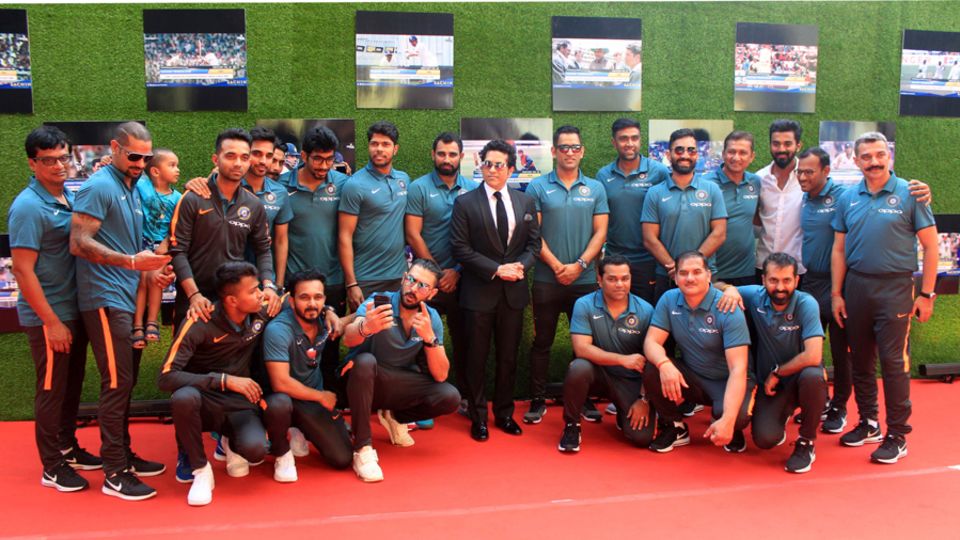 Tendulkar at the movie premiere in Mumbai with the Indian team