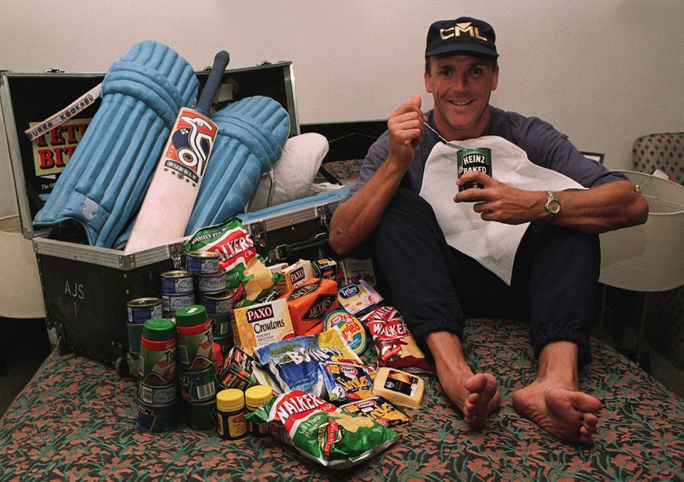 Alec Stewart with processed and packaged food - cheese, crisps, baked beans, chocolates, cookies, croutons and more - on England's tour to the subcontinent for the 1996 World Cup