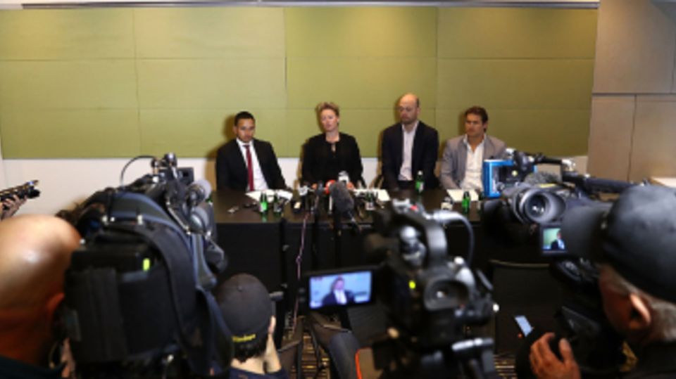 Usman Khawaja, Clea Smith, Alistair Nicholson and Shane Watson attend a press briefing