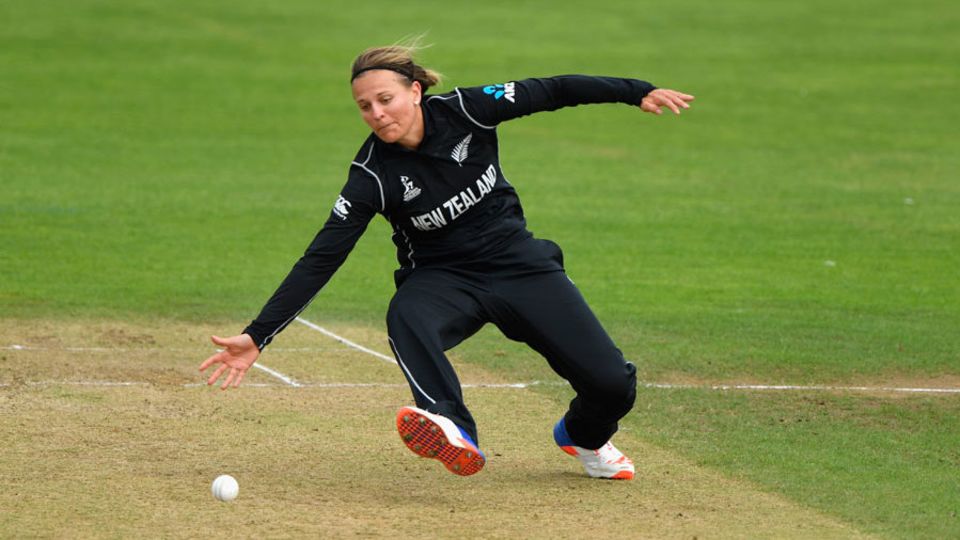 Lea Tahuhu sticks out a hand to field off her own bowling