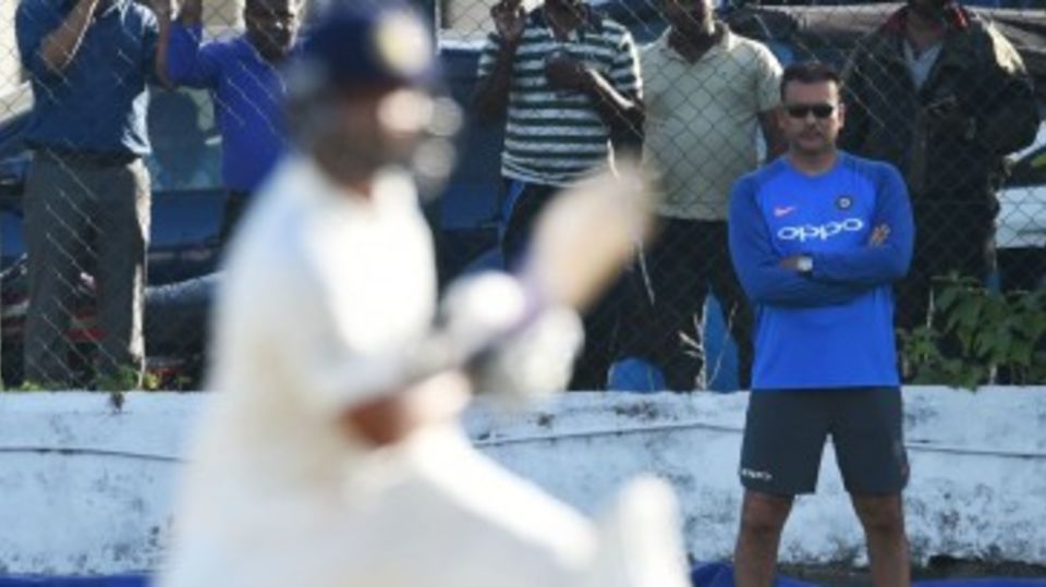 India coach Ravi Shastri watches on