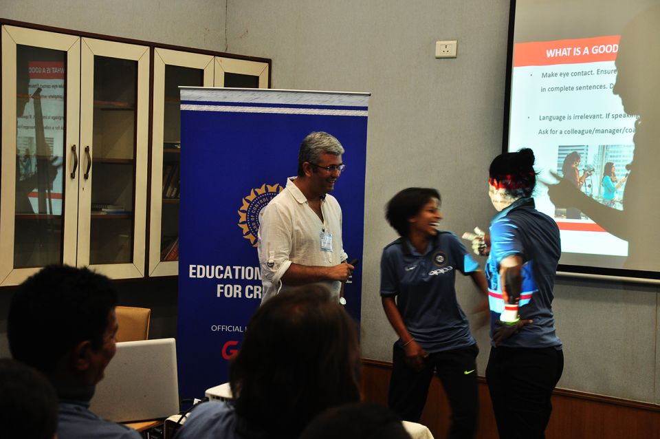 Who needs media training? Poonam Yadav (middle) cracks up after answering a question