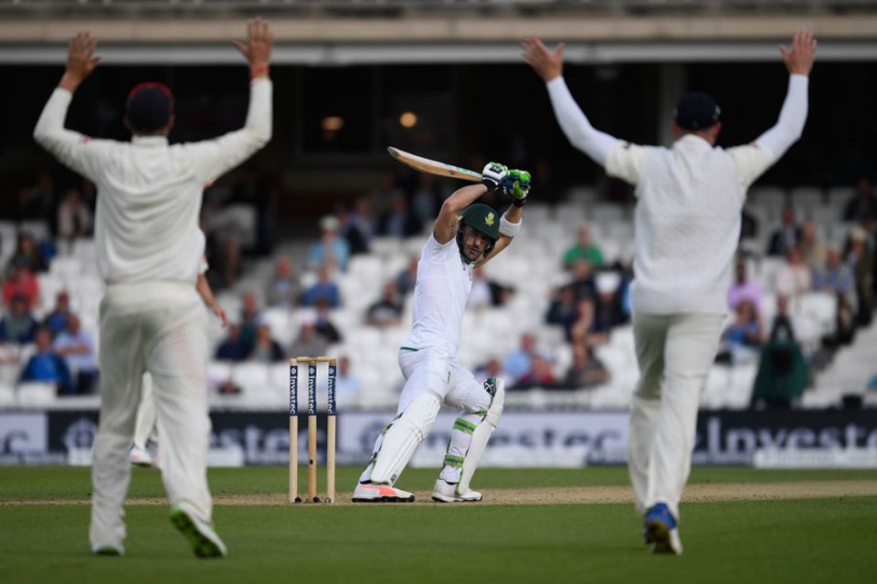 Padded out: Faf du Plessis shoulders arms for the second time in the match